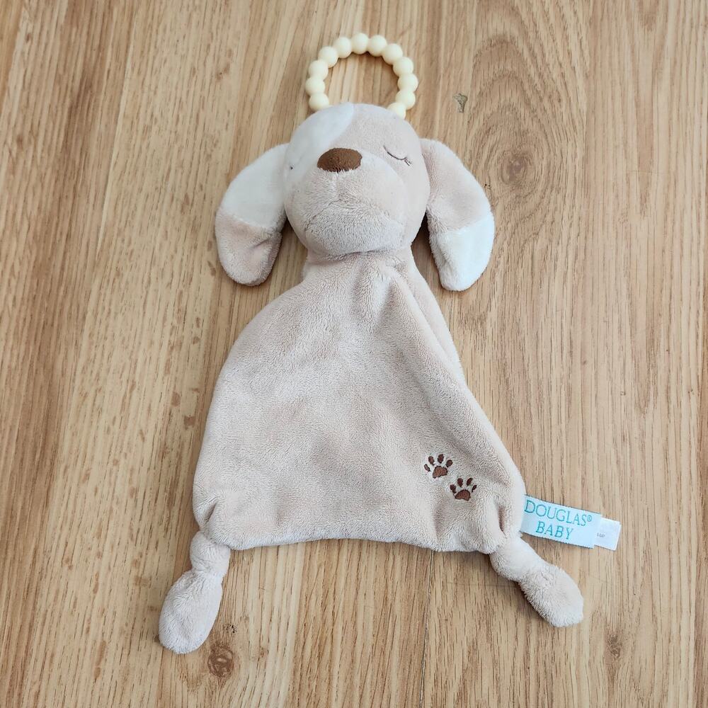 Douglas Baby Puppy Dog Lovey Security Blanket Teether Ring Plush Tan Cream